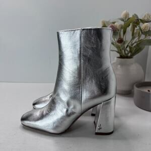 Sam Edelman Codie2 Leather Square Toe Block Heel Boot Silver Metallic Women 5.5M